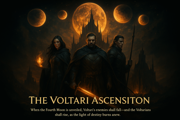 Epic fantasy artwork of Thane, Selene, and Valen standing before the Voltari citadel under the four moons, one hidden in shadow — from The Voltari Saga.