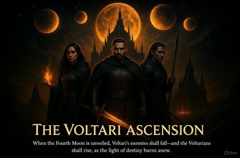 Epic fantasy artwork of Thane, Selene, and Valen standing before the Voltari citadel under the four moons, one hidden in shadow — from The Voltari Saga.